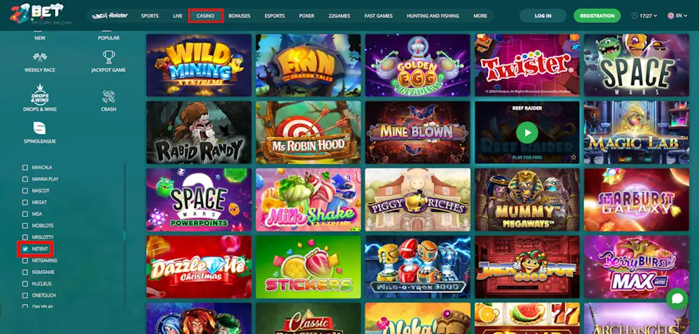 22bet NetEnt Casino Slots Screenshot